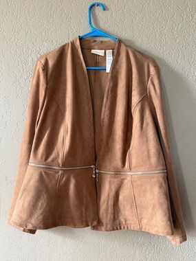 Chico's Tan Suede-Look Scalloped Open-Front Jacket with Waist Zip